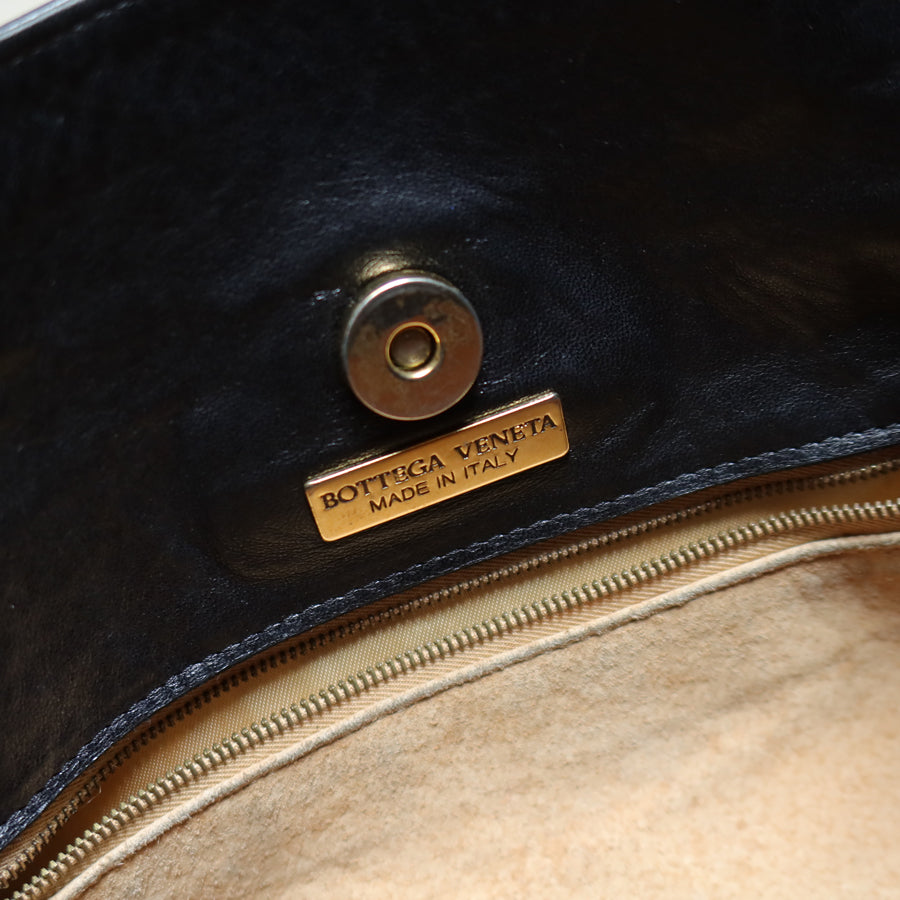Bottega Veneta Vintage Black Leather Intrecciato Weave Knots Shoulder Bag