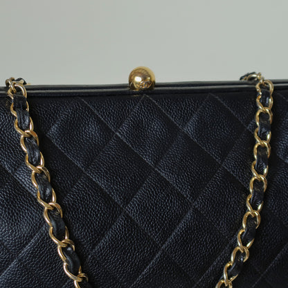 Vintage Chanel Black Caviar Matelassé CC logo Kiss Lock Double Chain Shoulder Bag