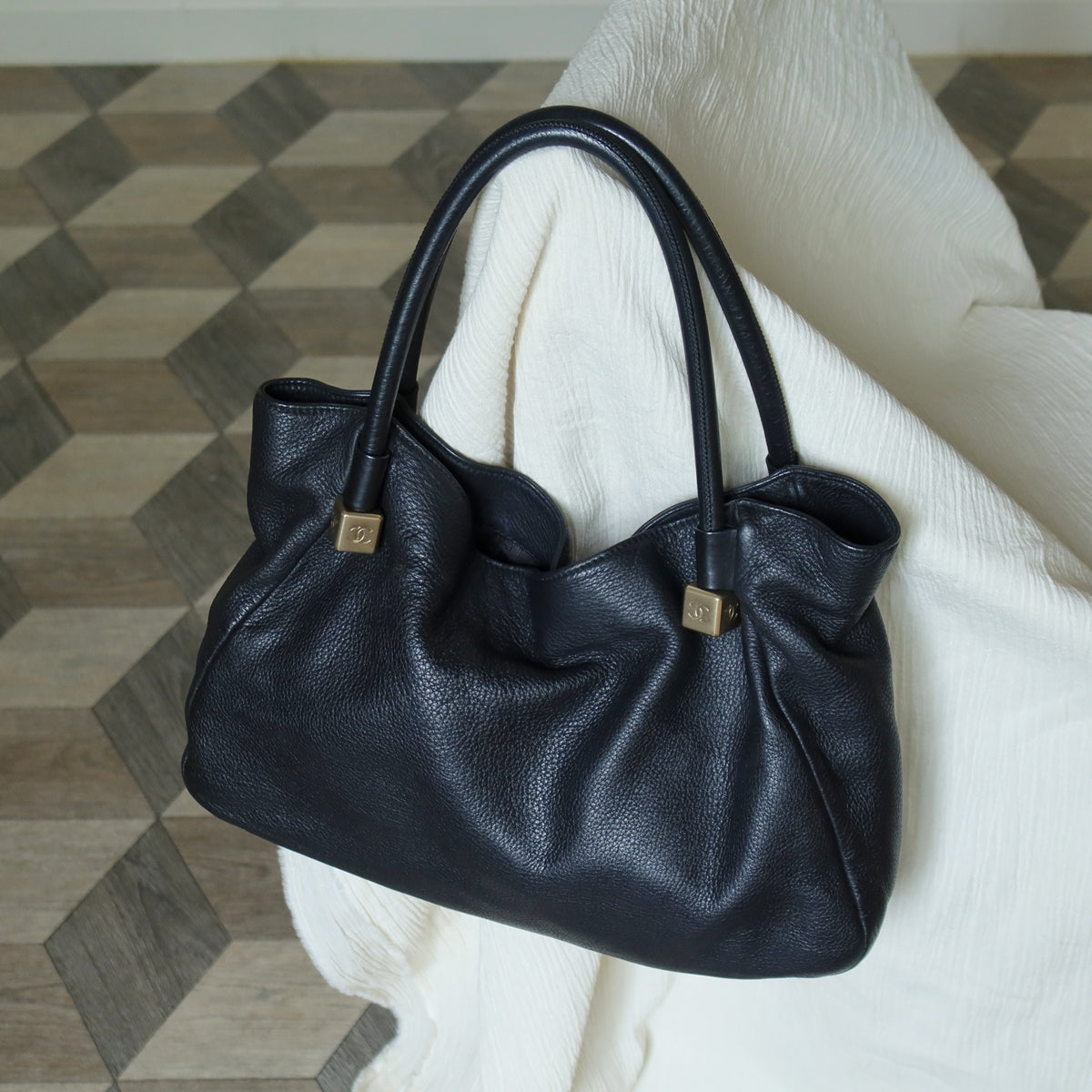 Chanel Vintage Black Calfskin Leather CC Logo Dice Shoulder Tote Bag