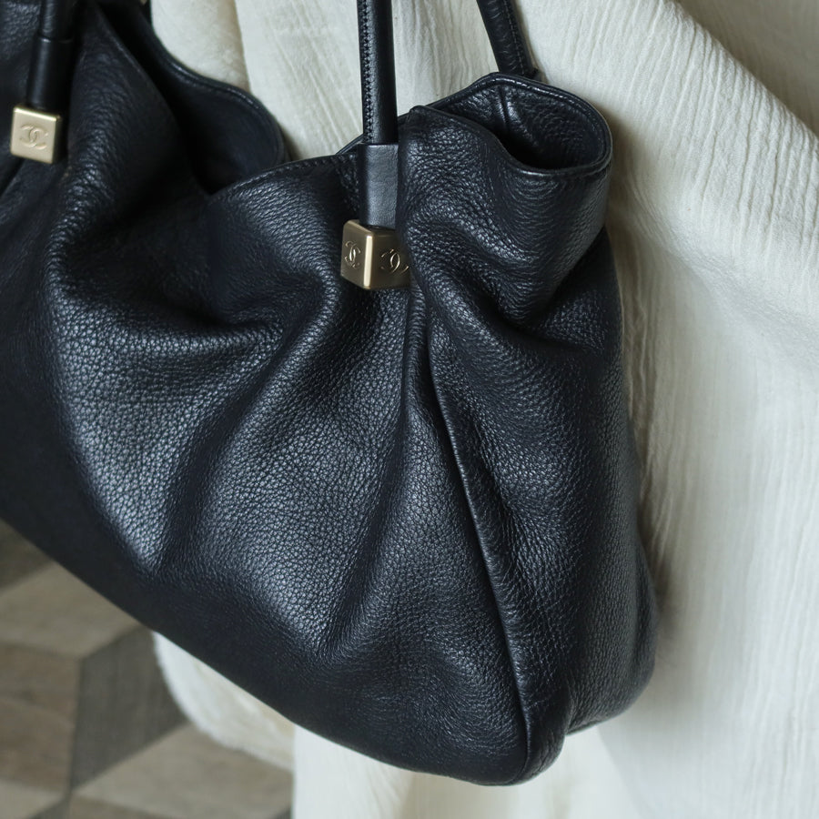 Chanel Vintage Black Calfskin Leather CC Logo Dice Shoulder Tote Bag