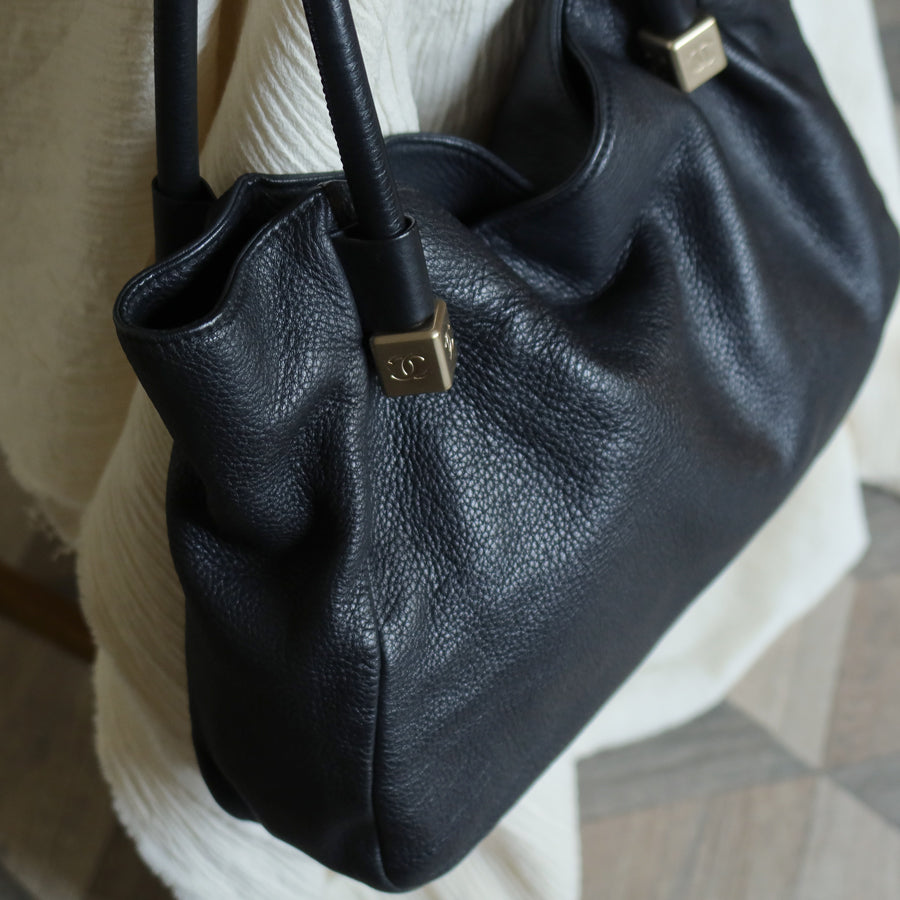 Chanel Vintage Black Calfskin Leather CC Logo Dice Shoulder Tote Bag