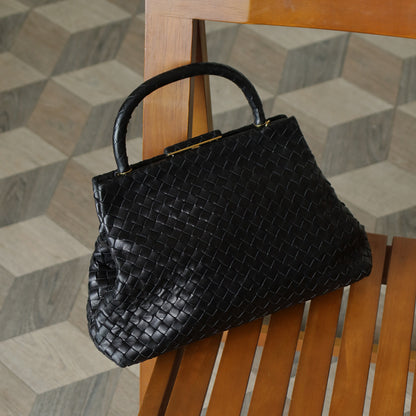 Bottega Veneta Vintage Black Leather Intrecciato Kiss Lock Top Handle Bag