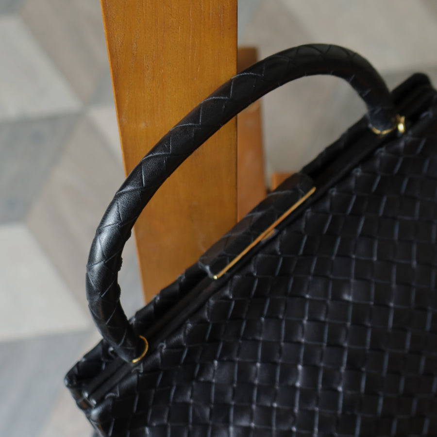 Bottega Veneta Vintage Black Leather Intrecciato Kiss Lock Top Handle Bag