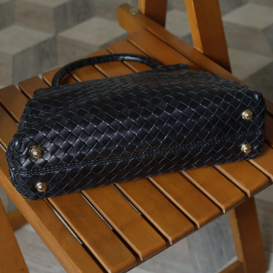 Bottega Veneta Vintage Black Leather Intrecciato Kiss Lock Top Handle Bag M
