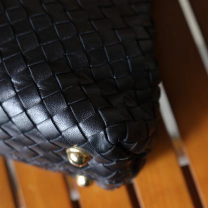 Bottega Veneta Vintage Black Leather Intrecciato Kiss Lock Top Handle Bag M