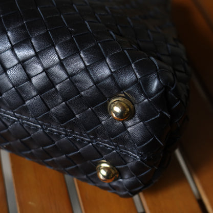 Bottega Veneta Vintage Black Leather Intrecciato Kiss Lock Top Handle Bag M