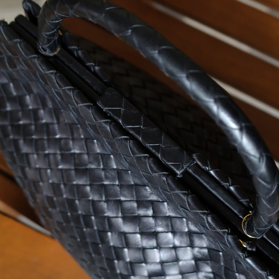 Bottega Veneta Vintage Black Leather Intrecciato Kiss Lock Top Handle Bag