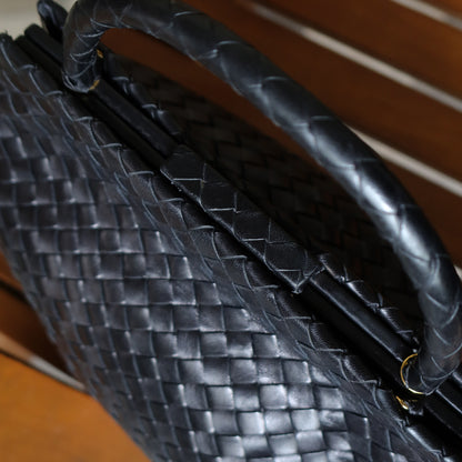 Bottega Veneta Vintage Black Leather Intrecciato Kiss Lock Top Handle Bag