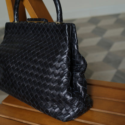 Bottega Veneta Vintage Black Leather Intrecciato Kiss Lock Top Handle Bag M