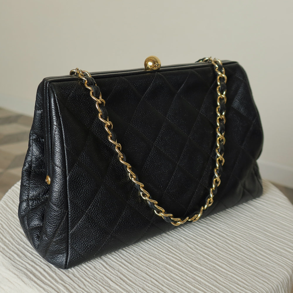 Vintage Chanel Black Caviar Matelassé CC logo Kiss Lock Double Chain Shoulder Bag