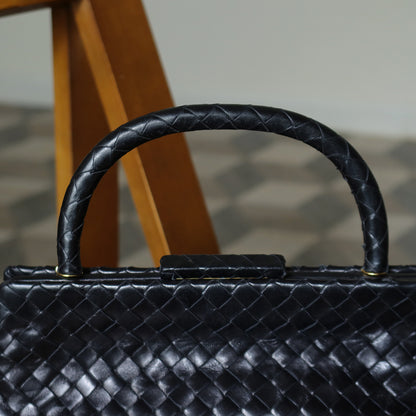 Bottega Veneta Vintage Black Leather Intrecciato Kiss Lock Top Handle Bag M