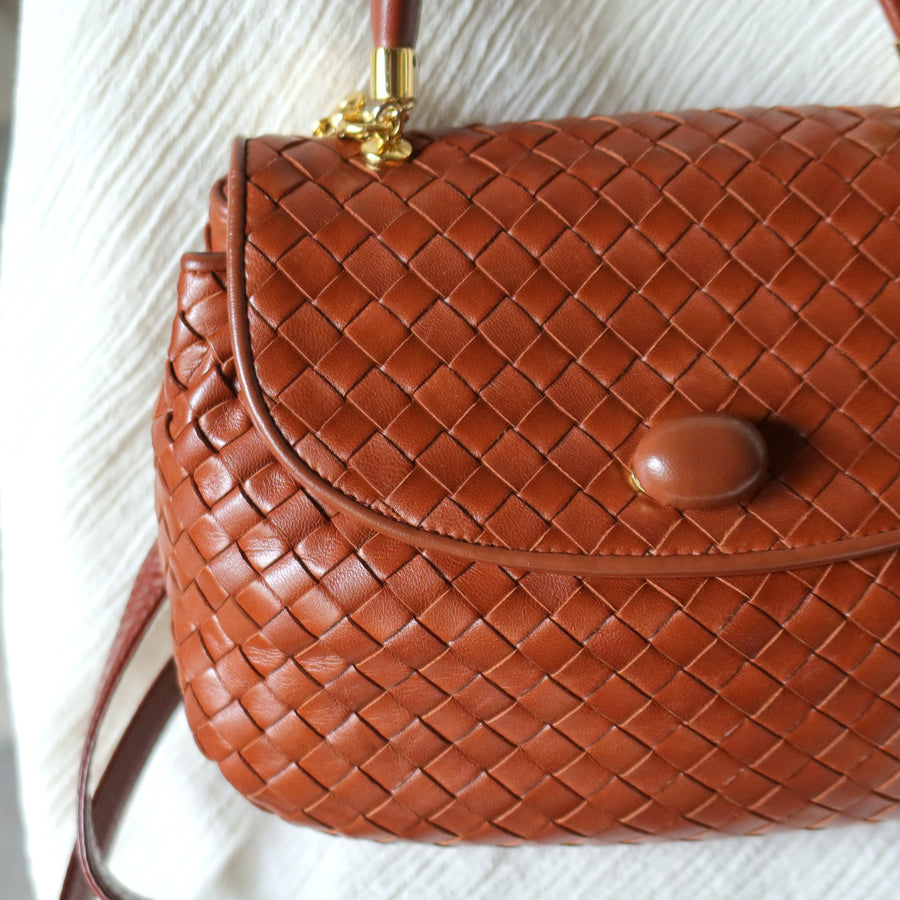 Bottega Veneta Vintage Dark Brown Intrecciato Weave Turn Lock 2way Shoulder Bag S