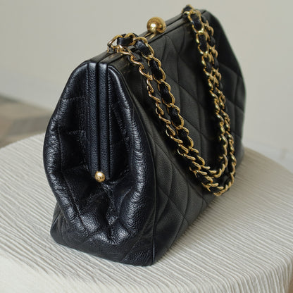 Vintage Chanel Black Caviar Matelassé CC logo Kiss Lock Double Chain Shoulder Bag