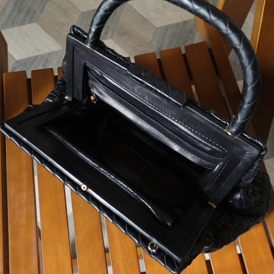 Bottega Veneta Vintage Black Leather Intrecciato Kiss Lock Top Handle Bag M