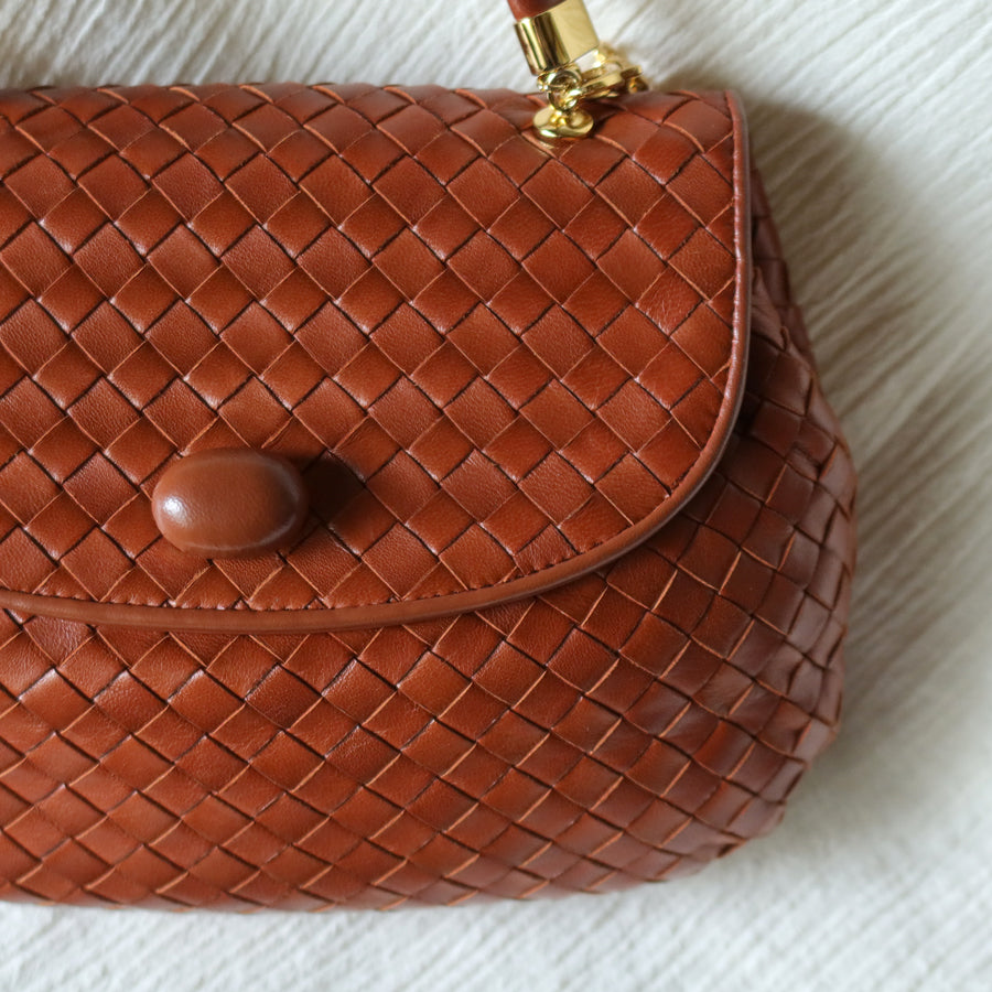 Bottega Veneta Vintage Dark Brown Intrecciato Weave Turn Lock 2way Shoulder Bag S