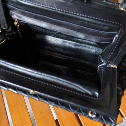 Bottega Veneta Vintage Black Leather Intrecciato Kiss Lock Top Handle Bag M