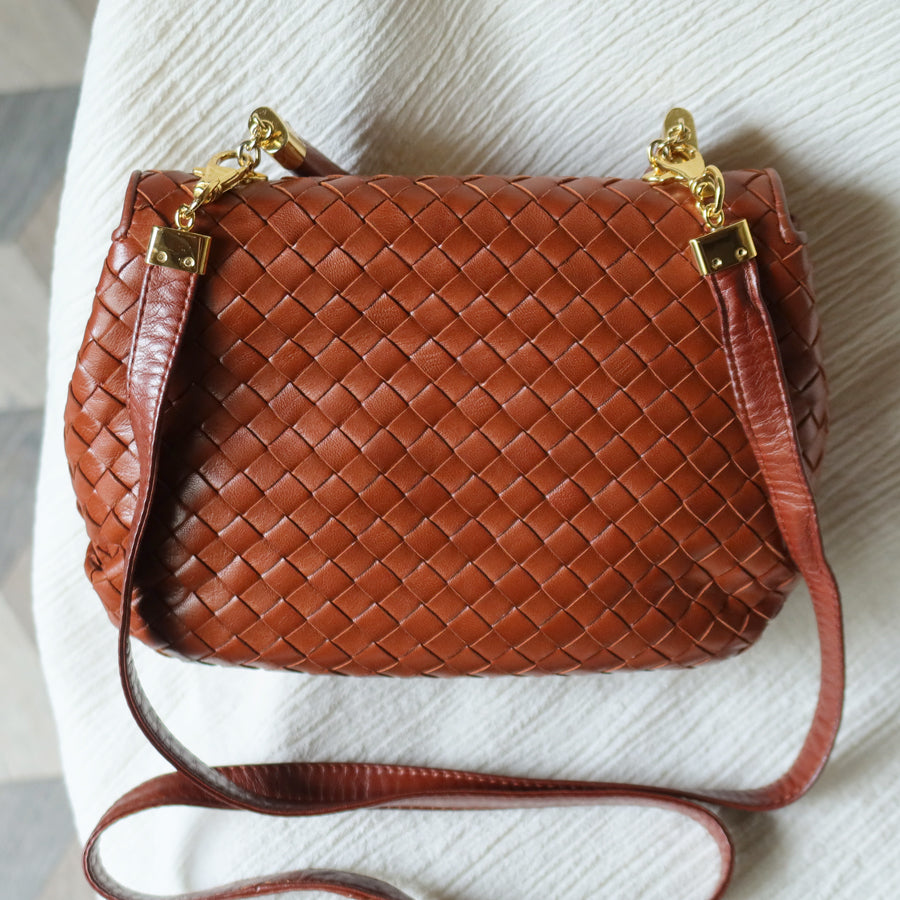 Bottega Veneta Vintage Dark Brown Intrecciato Weave Turn Lock 2way Shoulder Bag S