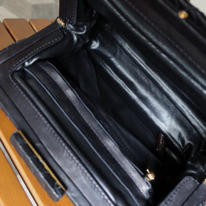 Bottega Veneta Vintage Black Leather Intrecciato Kiss Lock Top Handle Bag M