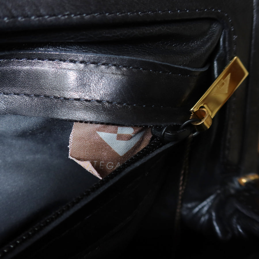 Bottega Veneta Vintage Black Leather Intrecciato Kiss Lock Top Handle Bag M