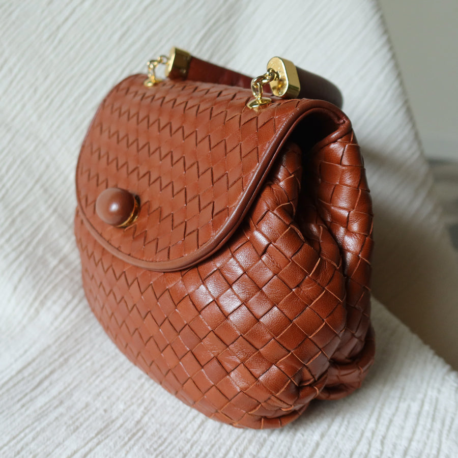 Bottega Veneta Vintage Dark Brown Intrecciato Weave Turn Lock 2way Shoulder Bag S