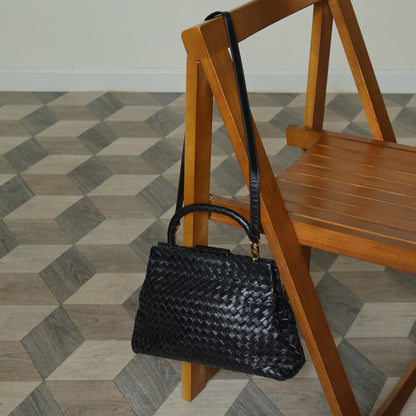 Bottega Veneta Vintage Black Leather Intrecciato Kiss Lock Top Handle Bag