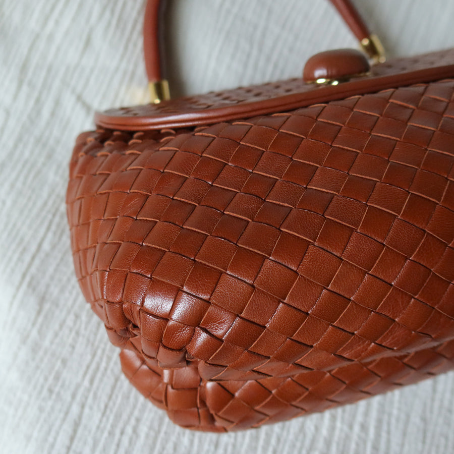 Bottega Veneta Vintage Dark Brown Intrecciato Weave Turn Lock 2way Shoulder Bag S