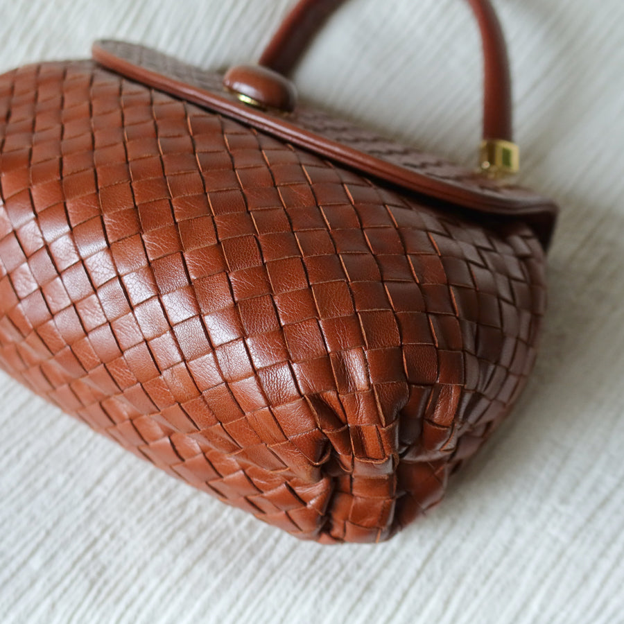 Bottega Veneta Vintage Dark Brown Intrecciato Weave Turn Lock 2way Shoulder Bag S