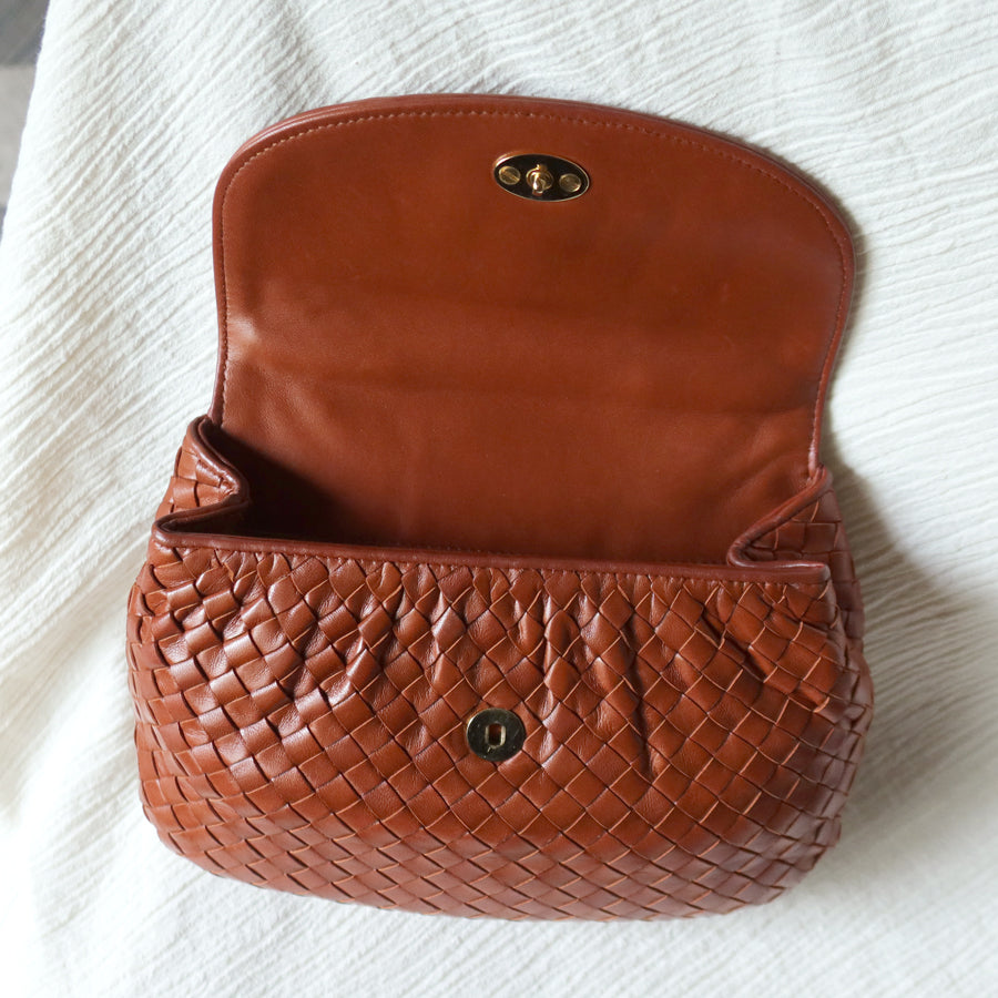 Bottega Veneta Vintage Dark Brown Intrecciato Weave Turn Lock 2way Shoulder Bag S
