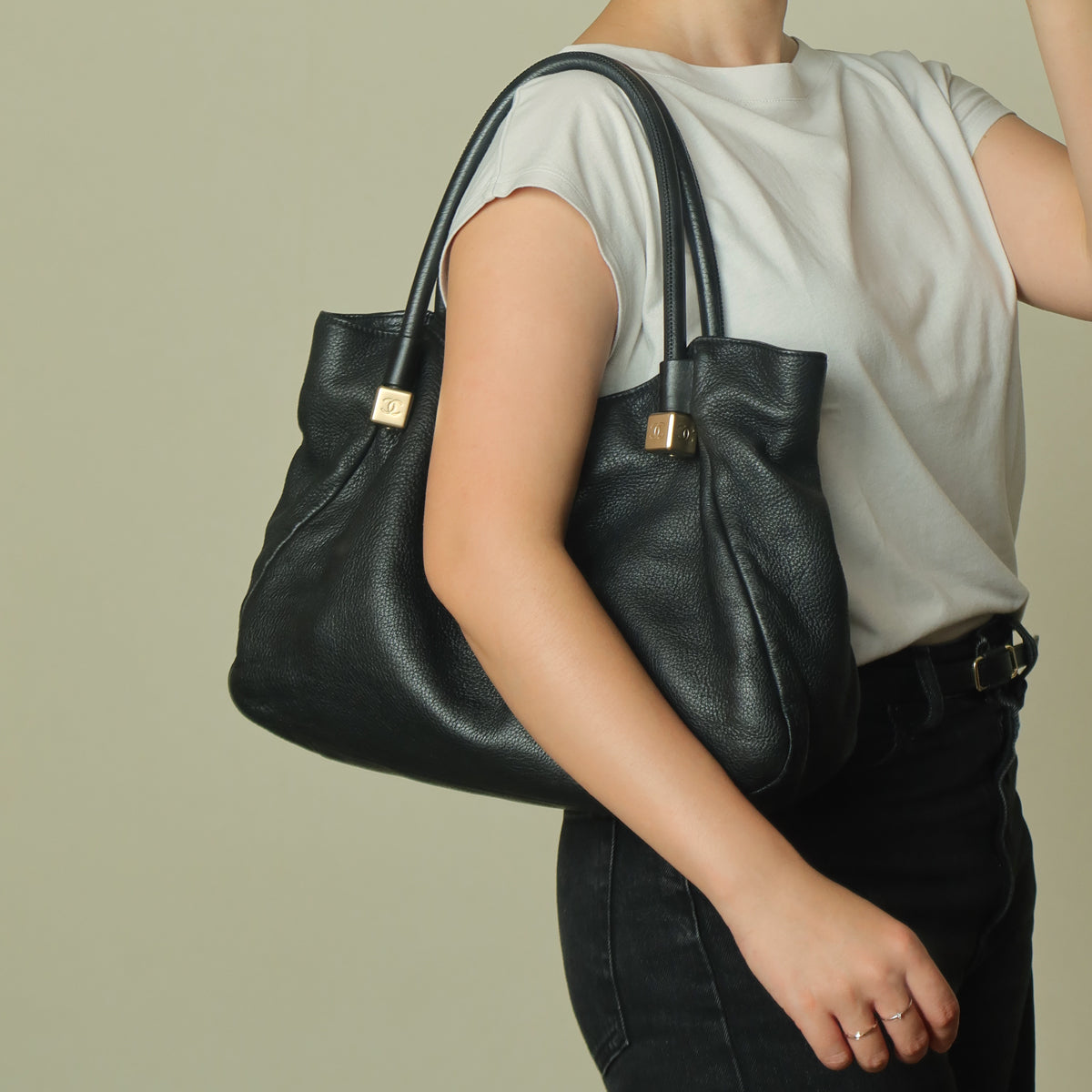 Chanel Vintage Black Calfskin Leather CC Logo Dice Shoulder Tote Bag