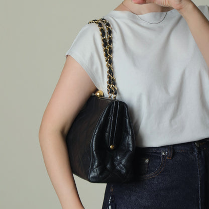 Vintage Chanel Black Caviar Matelassé CC logo Kiss Lock Double Chain Shoulder Bag