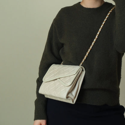 Chanel Vintage Ivory Lambskin Tassel Diamond Stitched 24k Asymmetrical Double Flap Bag