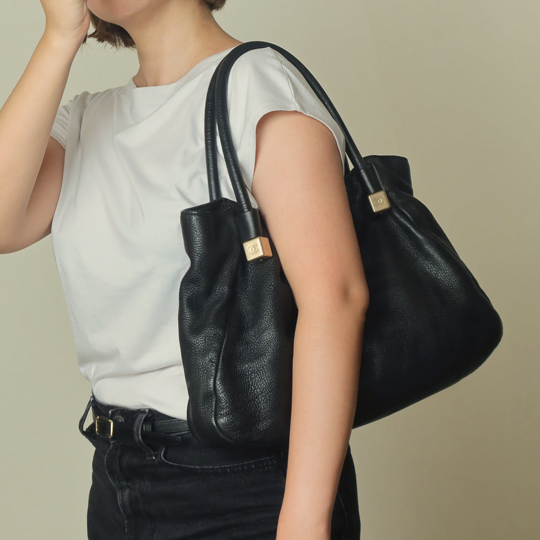 Chanel Vintage Black Calfskin Leather CC Logo Dice Shoulder Tote Bag