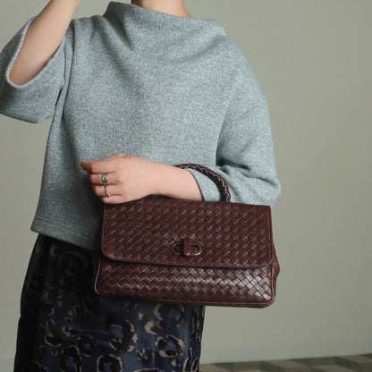Bottega Veneta Vintage Dark Brown Intrecciato Turn Lock Braided Top Handle Bag