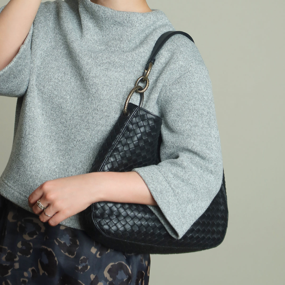 Bottega Veneta Vintage Black Nappa Intrecciato Loop Rings Hobo Shoulder Bag
