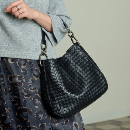 Bottega Veneta Vintage Black Nappa Intrecciato Loop Rings Hobo Shoulder Bag