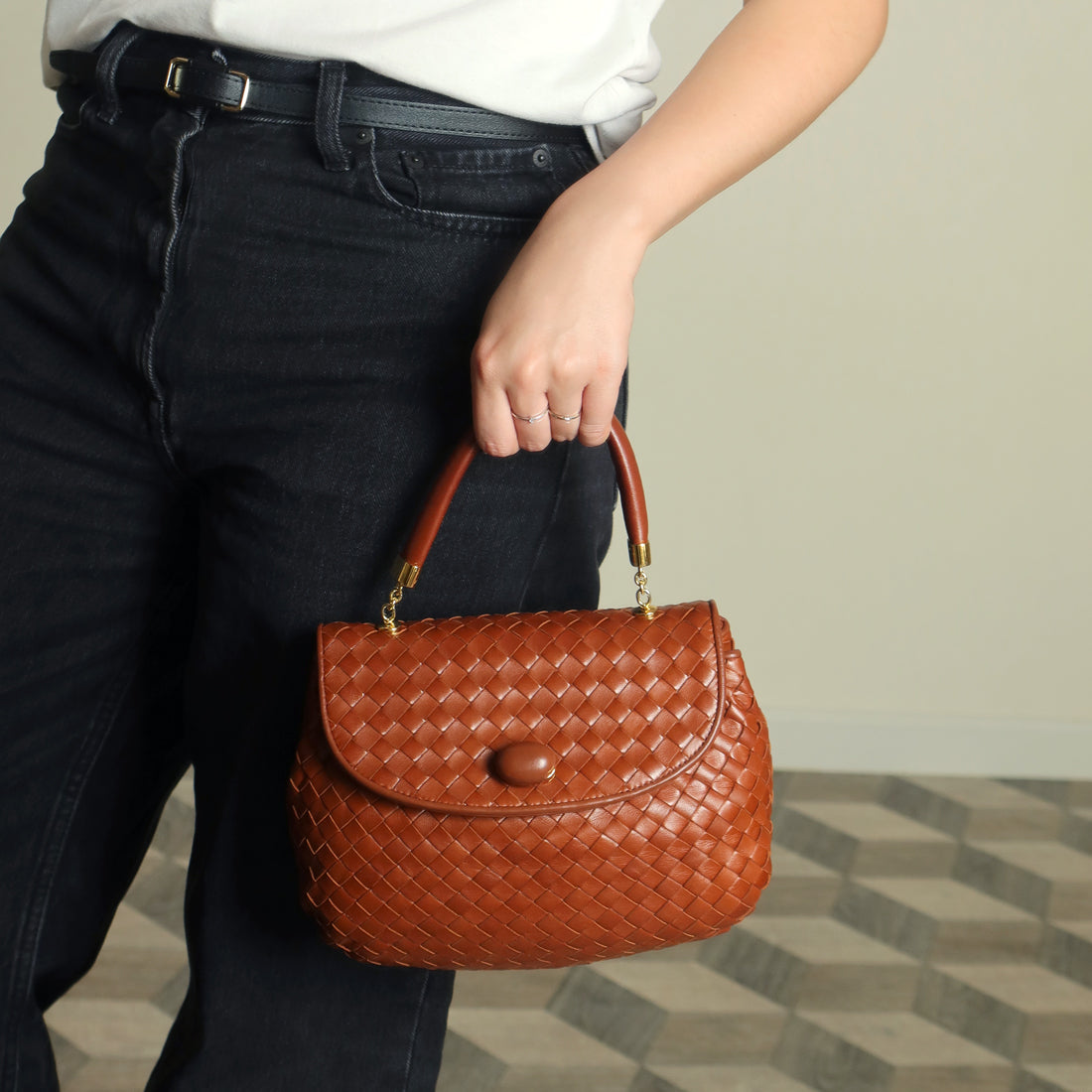 Bottega Veneta Vintage Dark Brown Intrecciato Weave Turn Lock 2way Shoulder Bag S