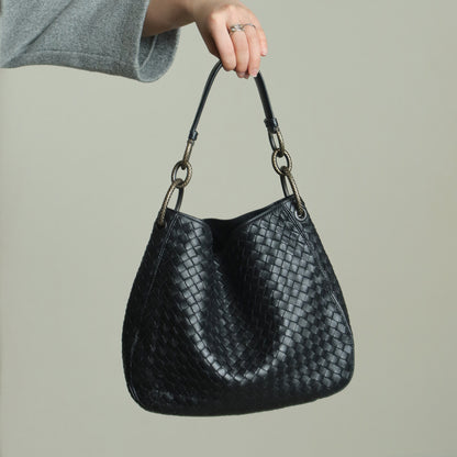 Bottega Veneta Vintage Black Nappa Intrecciato Loop Rings Hobo Shoulder Bag