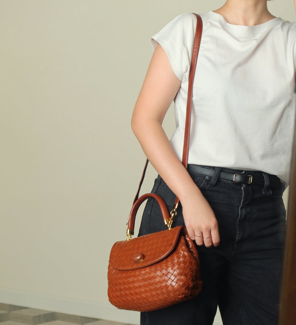Bottega Veneta Vintage Dark Brown Intrecciato Weave Turn Lock 2way Shoulder Bag S
