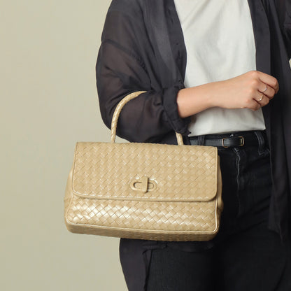 Bottega Veneta Vintage Shimmery Champagne Leather Intrecciato Turn Lock Braided Top Handle Bag