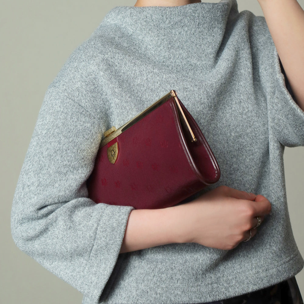 Christian Dior Vintage Dark Maroon Burgundy Monogram Kiss lock Clutch Bag