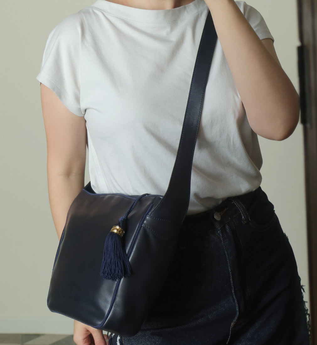 Christian Dior Vintage Navy Fringe Charm CD logo Leather Crossbody Sling Bag
