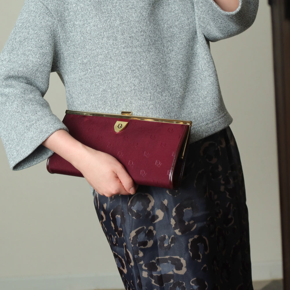 Christian Dior Vintage Dark Maroon Burgundy Monogram Kiss lock Clutch Bag
