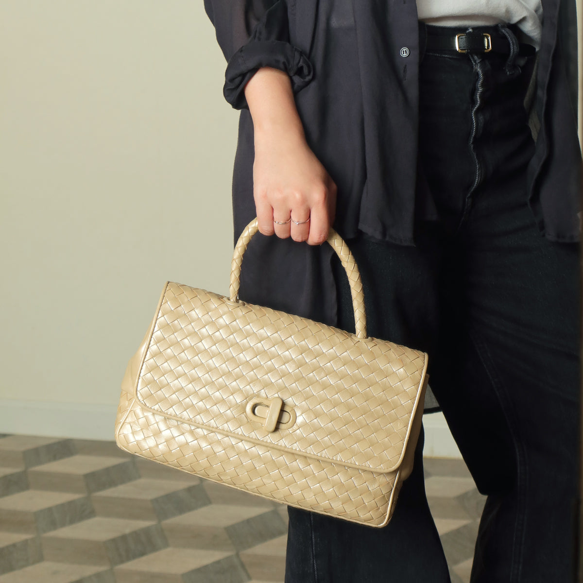 Bottega Veneta Vintage Shimmery Champagne Leather Intrecciato Turn Lock Braided Top Handle Bag