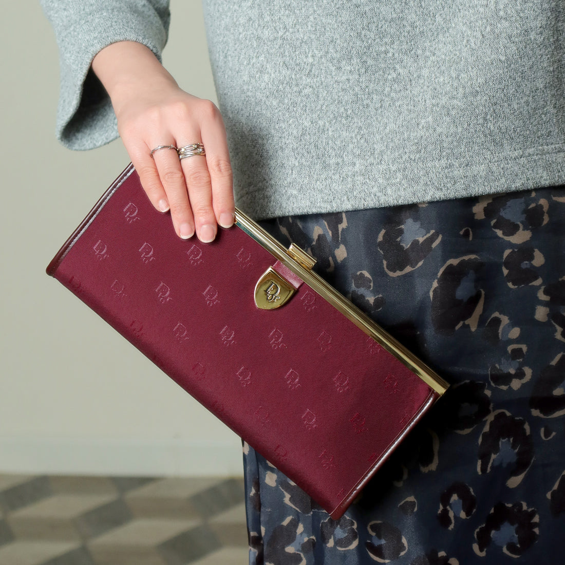 Christian Dior Vintage Dark Maroon Burgundy Monogram Kiss lock Clutch Bag