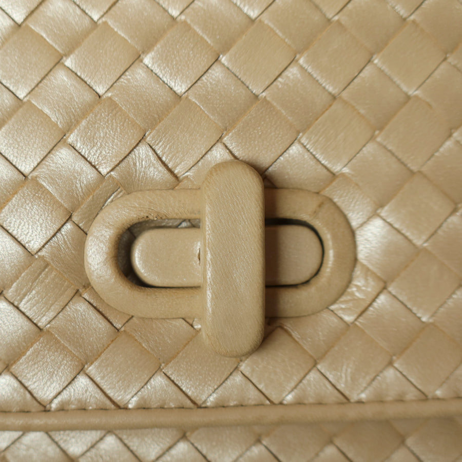 Bottega Veneta Vintage Shimmery Champagne Leather Intrecciato Turn Lock Braided Top Handle Bag