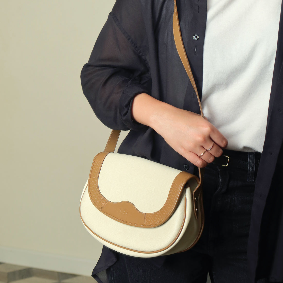 Christian Dior Vintage Ivory x Brown Leather CD Logo Monogram Flap Crossbody bag