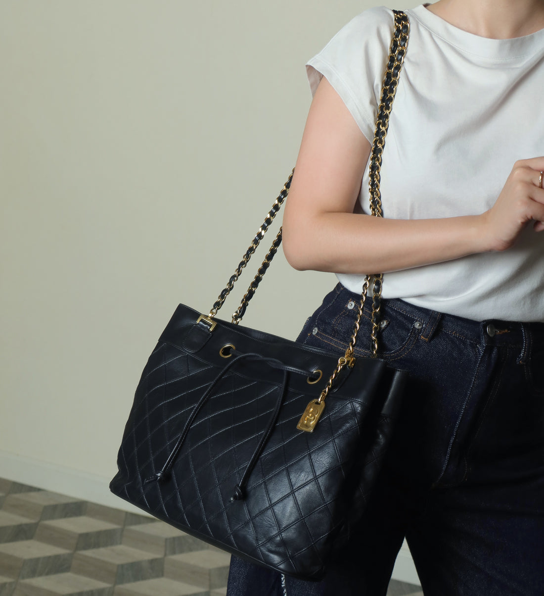 Chanel Vintage Black Calfskin Matelasse Quilted CC Charm Crossbody Shoulder Bag