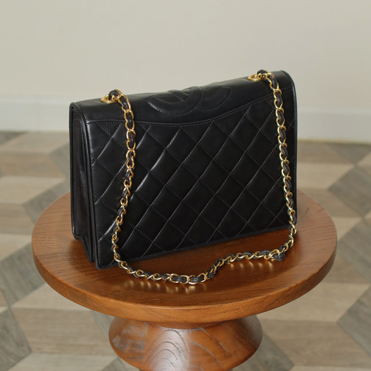 Chanel Vintage Black Lambskin Matelasse Diamond Quilted CC mark Flap Bag