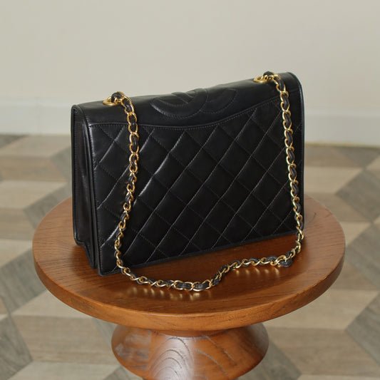 Chanel Vintage Black Lambskin Matelasse Diamond Quilted CC mark Flap Bag