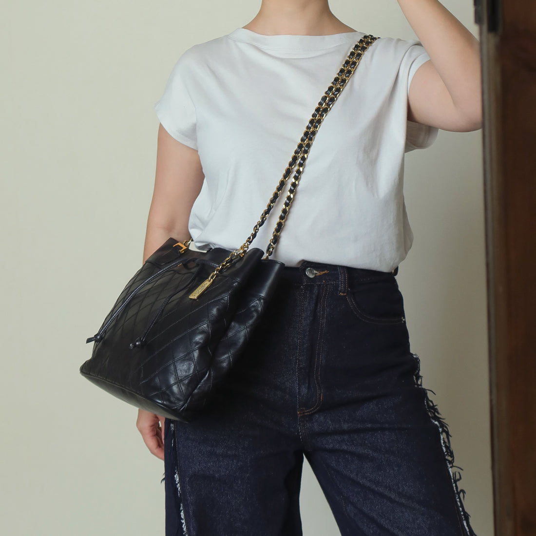 Chanel Vintage Black Calfskin Matelasse Quilted CC Charm Crossbody Shoulder Bag